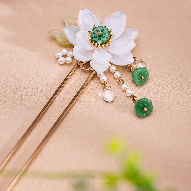 Rabithenn White Lotus Flower Pearl Tassels Chinese Hanfu and Hair Clip Hair Accessories for Women Girls Long Hair (White Jade Lotus)