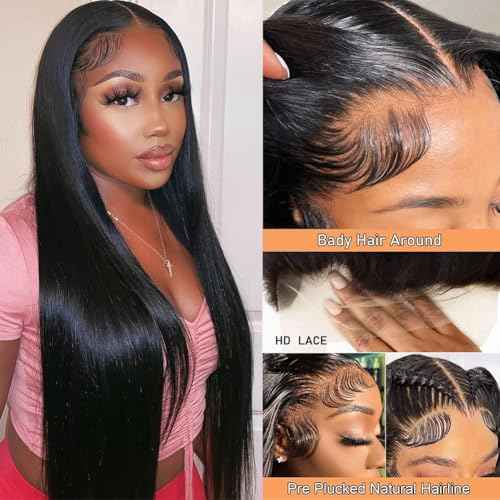 Straight Lace Front Wigs Human Hair Pre Plucked 13x4 HD Lace Frontal Wigs for Black Women Straight Wigs Human Hair with Baby Hair Glueless 180% Density Natural Black 30 Inch