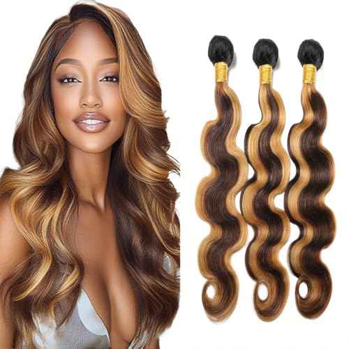 Ombre Brown and Honey Blonde Highlight Human Hair Bundles Dark Brown Body Wave Bundles Mixed with Honey Blonde Human Hair Bundles 16 18 20 Inch 3 Bundles Black Roots Human Hair Extensions