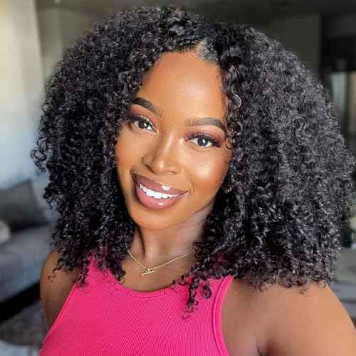Kinky Curly V Part Wig Human Hair Upgrade U Part Human Hair Wig With Adjustable Drawstring Wig V Shape Clip In Half Wigs Afro Curly for Women No Sew in NO Glue200% Density 16 Inch