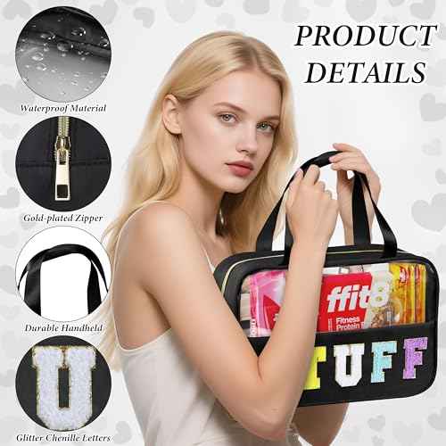 Snack Bag for Travel, Chenille Letter Clear Makeup Bag, 11.8" x 7.9" Nylon & PVC Waterproof Cosmetic Pouch with Handle and Zipper, Cute Preppy Storage Organizer Pouches for Women Girls (Stuff Black)