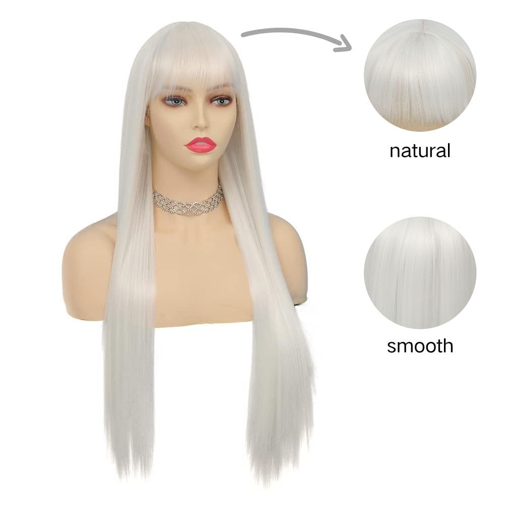 Siudus White Long Straight Wigs for Women with Bangs Natural Looking Synthetic Hair Wig for Halloween Cosplay Daily Use