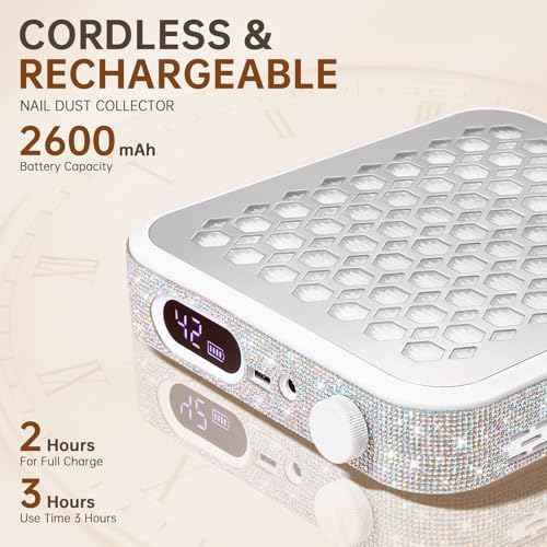 Nail Dust Collector, Rechargeable Dust Collector Nail Tech, Powerful Vacuum Fan Vent Dust Collector Extractor Dust Suction Machine for Acrylic Nails Polishing, Nail Salon&Home, White