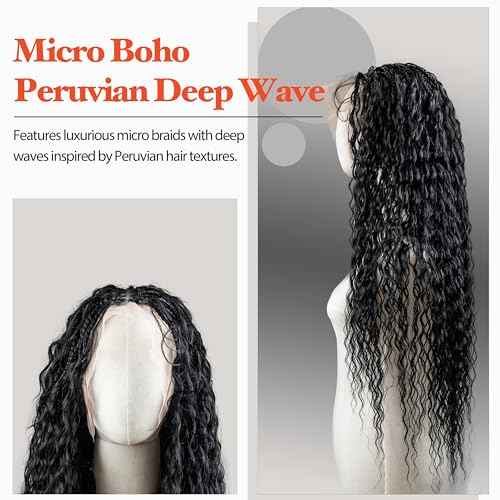 Single Full Lace Braid Wig ? Micro Boho Peruvian Deep Wave Box Braided Wig, Knotless Braided Wigs for Black Women, Curly Hair Wig, with Natural Baby Hair (#1 Jet Black, 32")