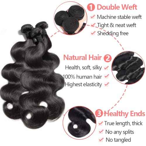 Bundles with Closure Human Hair (20 22 24+18) Body Wave 3 Bundles with 5x5 HD Closure 100% Human Hair 12A Unprocessed Virgin Hair Natural Black