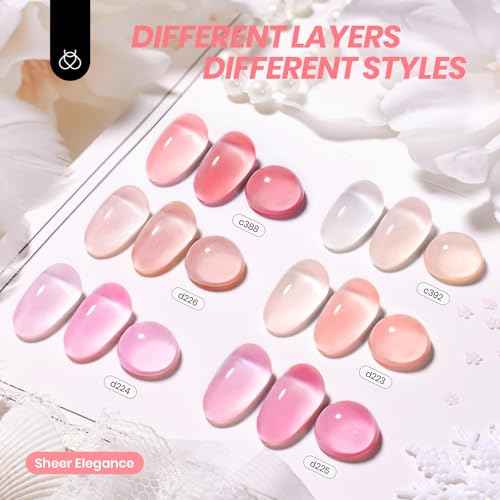 Beetles Jelly Gel Nail Polish Set - 6 Colors Nude Pink Gel Polish Kit Neutral Shimmer Translucent Sheer Gel Soak off Uv Nail Concealer Peach Juice Collection French Nail Art Manicure Gift for Women