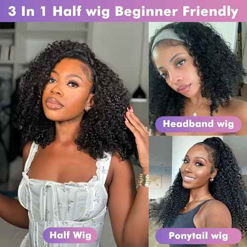 Kinky Curly Half Wig Human Hair 180% Density 3 In 1 Seamless Flip Over Half Wigs Human Hair Glueless Wear and Go Beginner Friendly 20 Inch Drawstring Headband Wig Human Hair for Women Natural Black