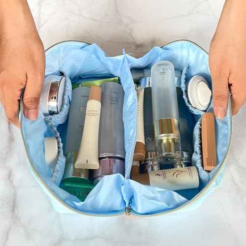 Stoney Clover Dupes Preppy Makeup Bag - Blue Chenille Letter Bag for Travel - Large Capacity Nylon Pouch with Flat Open Design