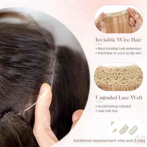 S-noilite Halo Hair Extension Invisible Wire in Real Remy Human Hair Extensions with Clips Adjustable Hidden Wire in Hair Extension for Women 16 inch Camel Bown Highlighted Blonde