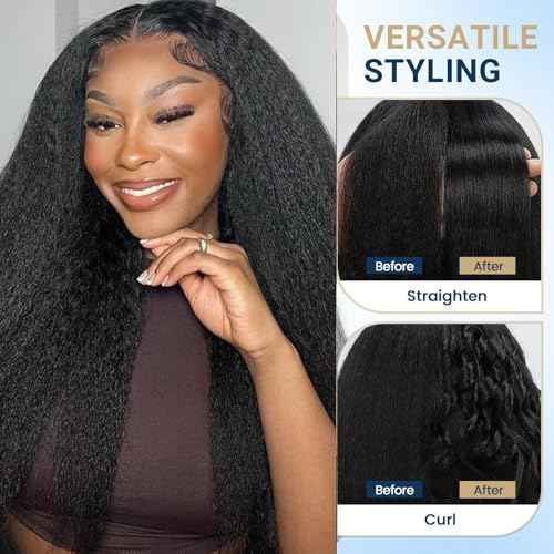 Selina U Part Wigs Human Hair Kinky Straight Wig Yaki Straight Human Hair Wig For Women 100% Real Human Hair Glueless Wigs Natural Black 28 Inch