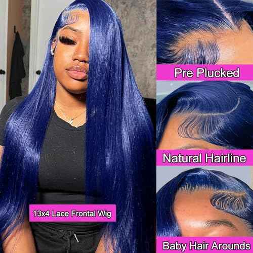 30 Inch Dark Blue Lace Front Wigs Human Hair Straight Royal Blue 13x4 HD Lace Frontal Wig Wear and Go Glueless Navy Blue Wigs Human Hair Pre Plucked With Natural Hairline Long Wig For Black Women