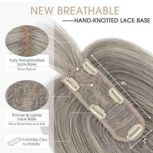 S-noilite Hair Toppers for Women Real Human Hair, 100% Real Human Hair Toppers with Bangs for Women with Thin Hair,2.25"*6" Lace Silk Base 12 inch (Mixed Light Gray)