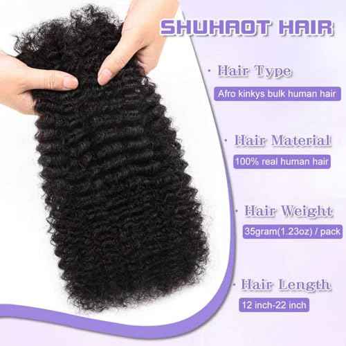 Afro Kinkys Bulk Human Hair For Braiding Afro Kinky-Curly Human Hair Bulk For Microloc Loc Extension Repair locs Dreadlocks Extensions Mini Twists Human Braiding Hair 22inch(1B,35g/pack)