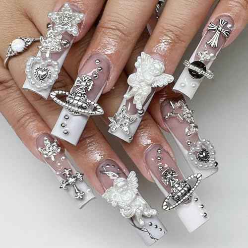 165PCS Silver Nail Charms Bulk Set with Star, Planet, Cross & More; 165 Count; Metal Alloy with Rhinestones; Mix Shape; Nail Art Accessories