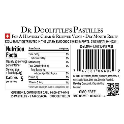 Dr. Doolittle¡¯s Sugar Free Soft Fruit Pastilles for Voice and Throat, Lemon Lime Flavor, 2.12 Ounce Tin, Approximately 25 Count Package, 8 Pack