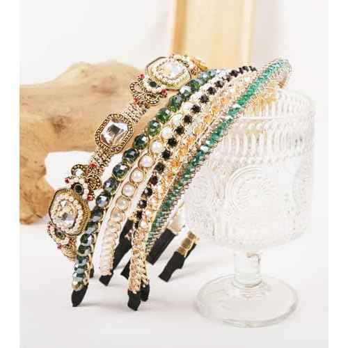 YARN & INK 7 Pcs Women's Champagne Gold Rhinestones Headbands for Women Girls, 80s Pearsl Headband Party Headwear Vintage Bling Christmas Gift (Mix Hairbands)