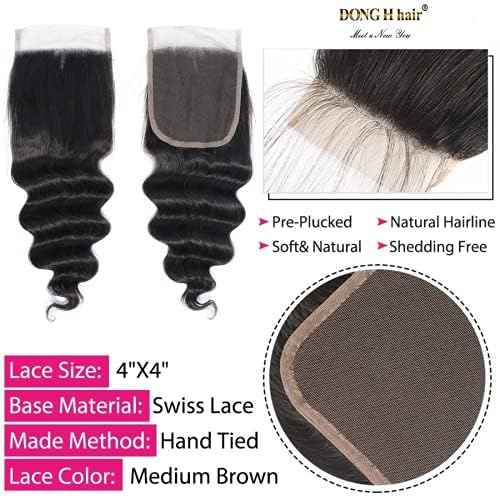 Peruvian Loose Deep Wave Bundles with Closure, (14"16''18"+12Closure)8A Peruvian Virgin Hair Loose Deep Hair Bundles with 4X4 Free Part Top French Lace Closure Natural Black