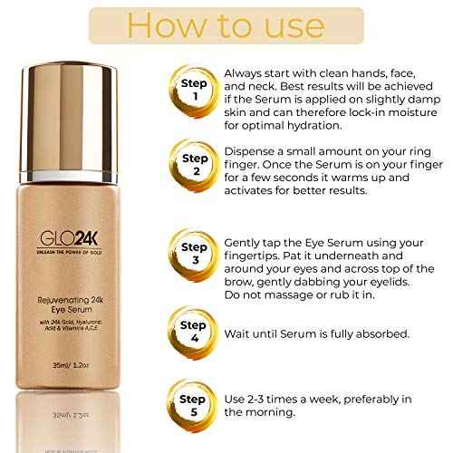 GLO24K Rejuvenating 24k Eye Cream and Serum With 24k Gold, Hyaluronic Acid, Vitamins A,C,E