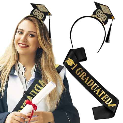 Graduation Headband and Shoulder Straps for Congrats Grad Party Supplies Bachelor Cap Headband with Doctoral Hat Black Sash Satin Tassels Tiaras for Graduation Party Dress up Favor Photo
