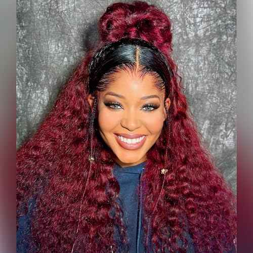 1B/99J Deep Wave BOB Wig Human Hair 18 Inch Ombre 99J Burgundy Lace Front Wigs Human Hair 13x4 HD Short Curly Frontal BOB Wigs For Black Women Human Hair Wear And Go Glueless Wine Red