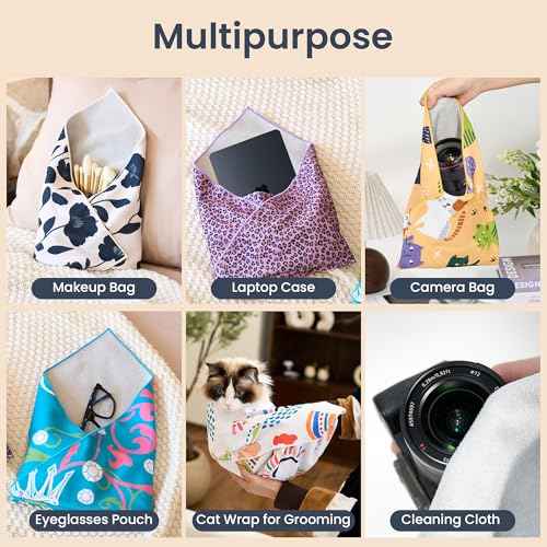 Self-Adhesive Magic Cloth Portable lazy Makeup Bag Cosmetic Pouch Widely Used for Camera Lens Wrap,Protective Cover Laptop Sleeve,Folding,Washable(21.7" X 21.7"Flower)