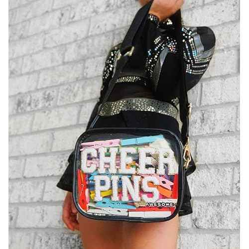 CHEER PINS Bag ? Clear Cheerleading Competition Pin Holder with Chenille Letters, Adjustable Strap, Stadium Approved Cheerleader Team Gift & Spirit Accessory