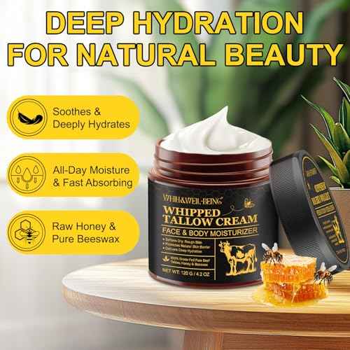 WHLH & WELL-BEING Beef Tallow for Skin, Beef Tallow and Honey Balm, Moisturizer for Face & Body Skin Care(1Pack) 119g
