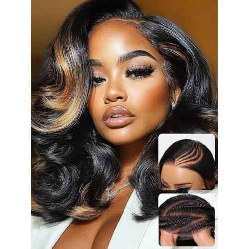 Nadula Bye Bye Knots Glueless Caramel Blonde Highlight Body Wave Wig Human Hair with Face Framing Layers, Pre Cut 7x5 HD Lace Front Highlight Wigs Pre Plucked Bleached Knots Ready to Wear 14inch