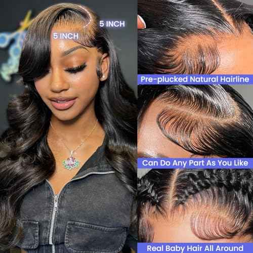 Lace Front Wigs Body Wave 5x5 HD Lace Closure Wigs Human Hair For Women 180% Density Transparent Lace Front Wig Pre Plucked 9A Glueless With Baby Hair Free Part Natural Black Color 24 Inch