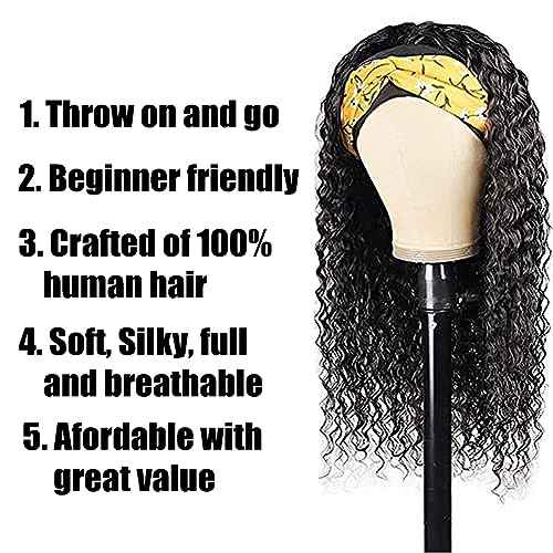 Headband Wig Human Hair Wigs 18-Inch Curly Deep Wave Headband Wig Wear and Go Glueless Wig Natural Color