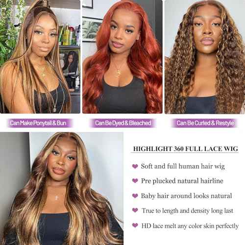 Honey Blonde 360 Lace Front Wigs Human Hair Drawstring Ombre Body Wave Lace Front Wigs Human Hair Pre Plucked 360 HD Full Lace Wig Highlight Glueless Frontal Wigs Human Hair 26 Inch