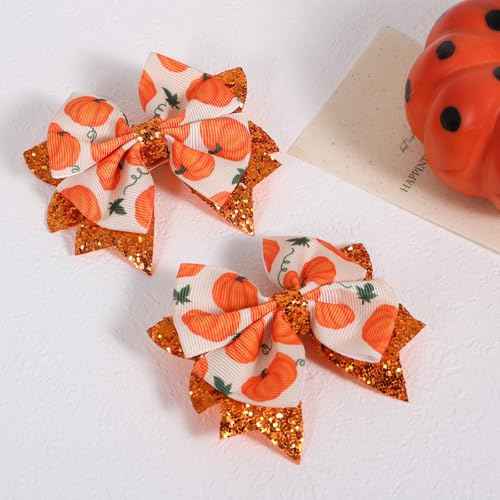Happy Fall Thanksgiving Pumpkin Hair Bows Clips for Girls, 2pc 3.5" Glitter Orange Ribbon Bowknot Alligator Barrettes Hairpins Teens Toddlers Halloween Dress Outfit Decor Accessory Gift