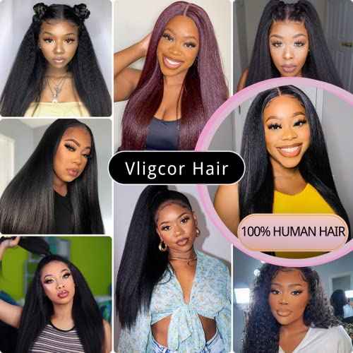 Kinky Straight Human Hair Bundles With 4x4 Lace Closure Free Part 16 16 16+14 Inch Natural Black 100% Unprocessed Brazilian Virgin Yaki Straight Hair Extensions (16 16 16+14Closure)