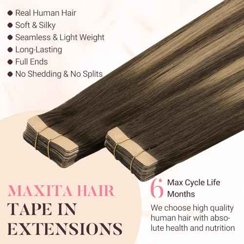 MAXITA Tape in Hair Extensions Human Hair 4/27/4 Chocolate Brown Mixed Caramel Blonde Balayage 20 Inch 100g 40pcs Thick Ends Straight Seamless Tape ins Remy Invisible Tape in Extensions Human Hair