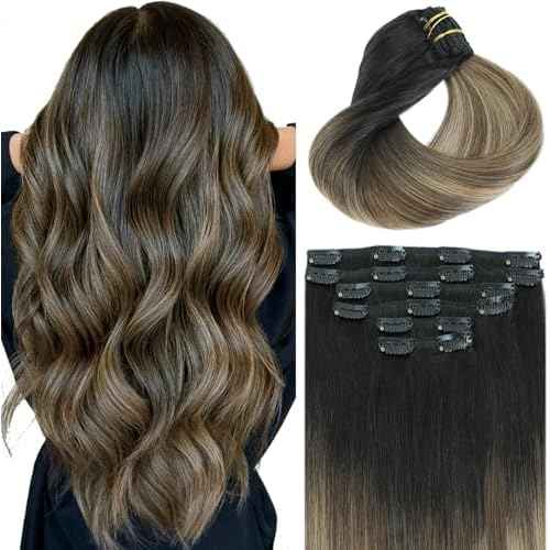 Clip in Hair Extensions Real Human Hair, 16 Inch 100g,Natural Black Roots Chocolate Brown With Caramel Blonde, Clip On Hair Extensions 6pcs Per Set with 18 Clips(#1B/4/27,16")