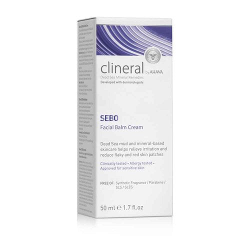 AHAVA Clineral Sebo Facial Balm Cream - Rich balm reduces facial irritation & redness, softens dry & sensitive skin, enriched with Osmoter, Dead Sea Mud, Aloe Vera, Hippophae & Bergamot Oil, 1.7 Fl.Oz