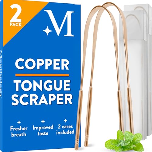 Mouthology Copper Tongue Scraper for Adults (2 Pack), Reduce Bad Breath, Metal Tongue Scraper, Tongue Cleaner, Tongue Scraper, Tongue Scrubber, Tongue Cleaner for Adults, Tongue Scraper Reusable