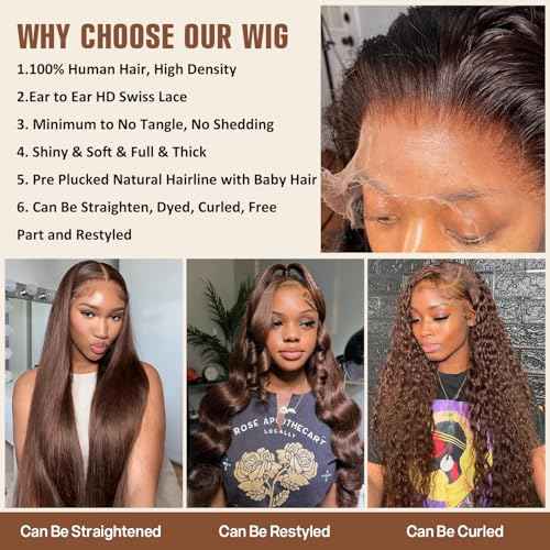 Chocolate Brown Human Hair Wig 13X4 Body Wave Lace Front Wigs Human Hair Pre Plucked 200 Density HD Frontal Wig Colored Brown Glueless Wigs 18 Inch