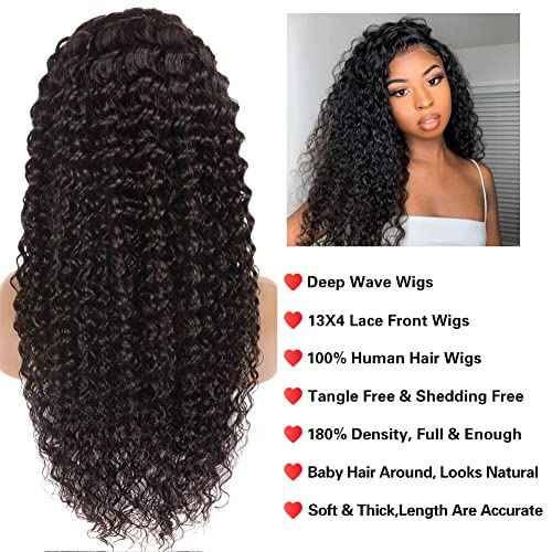 180% Density Deep Wave Lace Front Wigs Human Hair 13x4 Deep Wave Frontal Wig Curly Wigs for Women Pre Plucked with Baby Hair HD Transparent Lace Front Wigs(13x4 deep wave wig,20 Inch)
