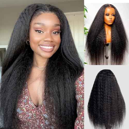 Yaki Straight Wig Human Hair 250 Density 5X5 Transparent HD Lace Closure Kinky Straight Human Hair Wig For Women18 inch
