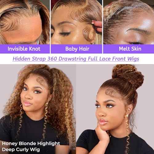 Hidden Strap Deep Wave 360 Lace Front Wigs Human Hair 22 Inch Ombre Honey Blonde HD Full Lace Frontal Wigs Human Hair for Women with Drawstring 360 Glueless Wigs Pre Plucked Highlighted Wig