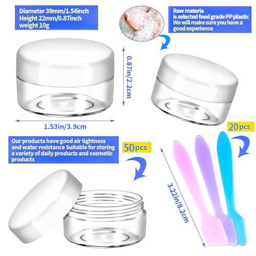 MotBach 50 Pack 10g Plastic Jars with Lids, 10ml Round Clear Cosmetic Containers Makeup Jars, Travel Size Container Jar with 20 Spatulas for Sample Lotion Cream Eyeshadow Ointment Salve Balm Powder