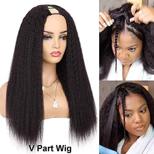 V Part Kinky Straight Human Hair Wigs - 22inch Virgin Hair V Shape Half Wigs for Black Women