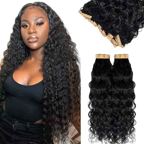 24 Inch Invisible Tape in Hair Extension Real Human Hair Curly Tape in Extensions 100G 40PCS Double Sided Bouncy Curly Water Wave Tape ins Human Hair Extension Black #1B Natural Color