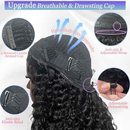 Half Wig Human Hair Deep Wave 3 In 1 Drawstring Seamless Filp Over Curly Half Wig 200% Density Wear and Go Glueless Half Wigs for Black Women Natural Color 12 Inch