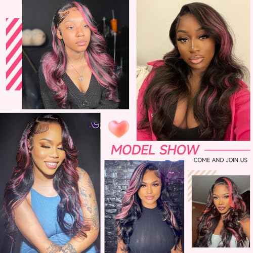 28 Inch Skunk Stripe Human Hair Wig 200% Density Pink and Black Wig 13x4 Body Wave Lace Frontal Wigs Human Hair Pre Plucked Pink Human Hair Wigs With Baby Hair