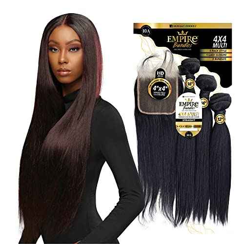 Sensationnel Empire bundles multi - straight with 4x4 closure 10a tangle shed free human hair for weaving and sew in styles (16 18 20 Inch, NATURAL/BLACK)