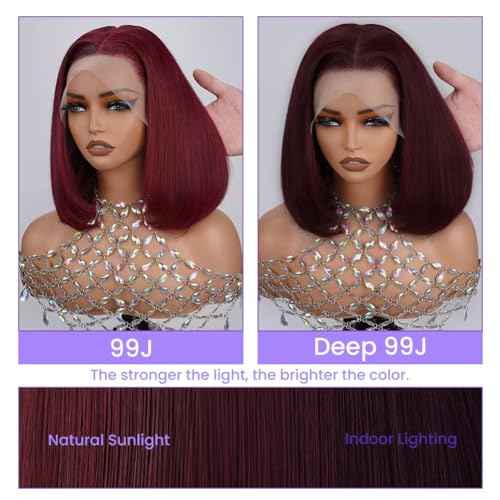 Deep Burgundy Bob Wig Human Hair 16 Inch Short Bob 13x4 HD Transparent Lace Front Wig Darker Than 99J Burgundy Pre Plucked Hairline with Baby Hair Natural Black Women Wig Heat Resistant 180 Density