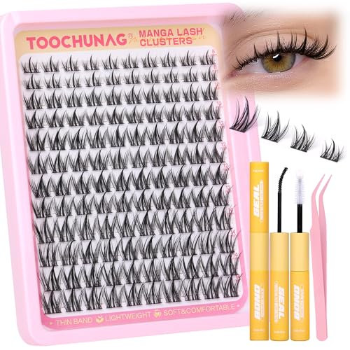 Manga Lash Clusters Kit 8-14mm Natural Eyelash Clusters DIY Lash Extension Kit Anime Lashes Clusters Thin Band Individual Cluster Eyelash Extensions with Lash Glue&Tweezers by TOOCHUNAG