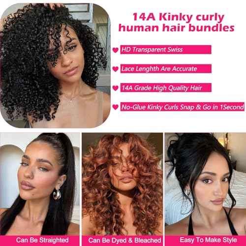 12A Brazilian Virgin Kinky Curly Human Hair Bundles 3 Pcs 14 Inch Bundle with 4x4 Lace Closure 100% Unprocessed Brazilian Vrigin Human Hair Curly Extensions for Black Women Natural Color
